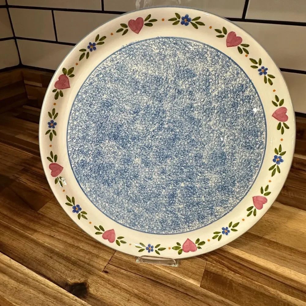 R B Bernarda Vtg Platter Round Heart Flower Trim Blue Sponged Center Portugal
